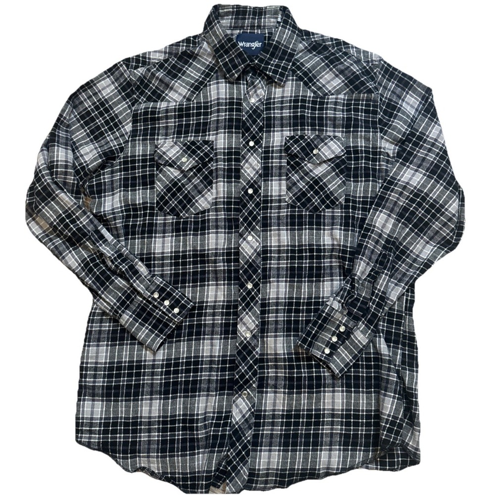 Vintage Wrangler Flannel Pearl Snap Shirt Size XL Black & White Plaid Check